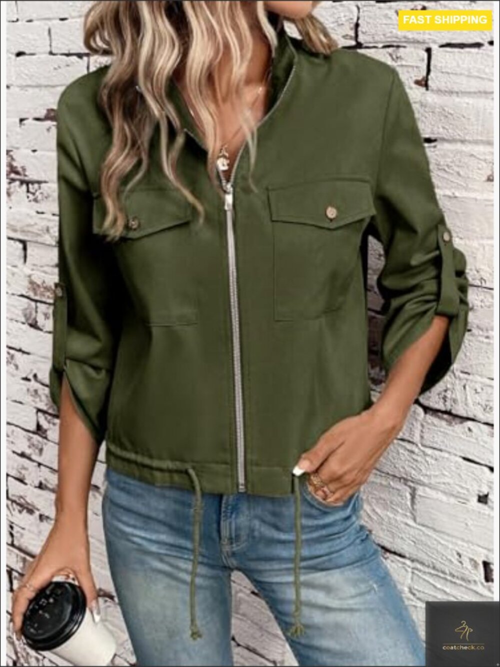 Utility Crop Jacket Zip Up Roll Tab Sleeves Drawstring Hem Lightweight Casual - Picture 4 of 6